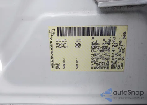 2014 Nissan Maxima 3.5 Sv z USA, uszkodzony, nr VIN 1N4AA5AP1EC442260